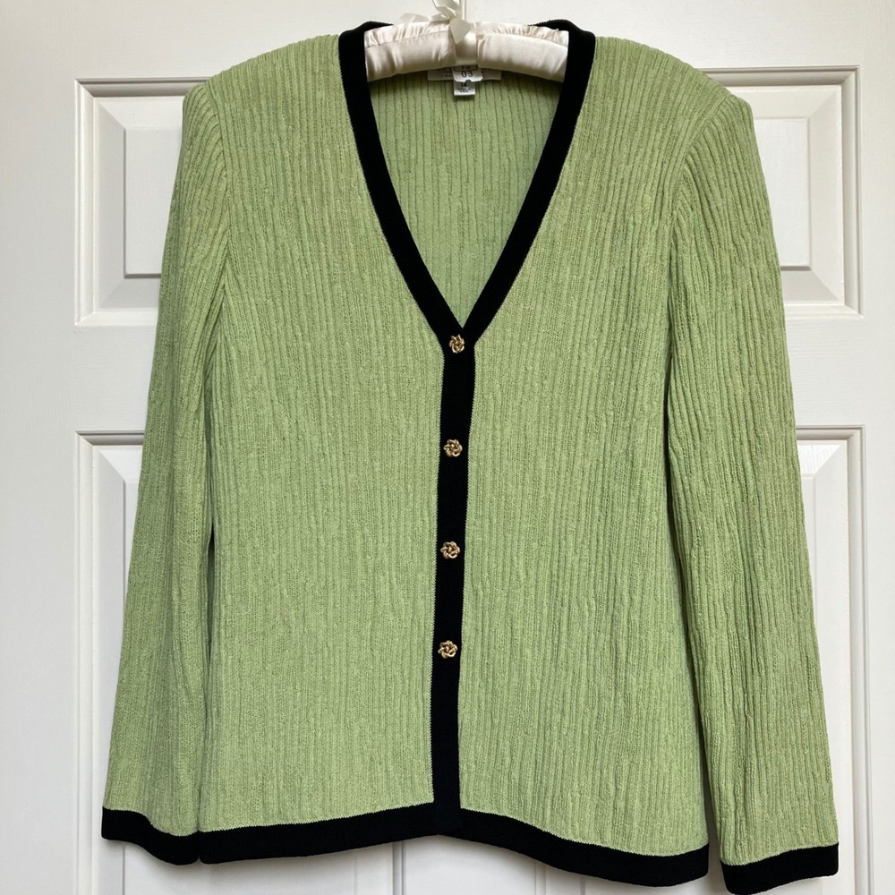 St John Collection Marie Gray Womens Green Black Cardigan Sweater 14 Gold Button